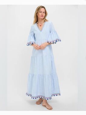 Tuckernuck Chambray Blue Striped Tassel-Trim Ginger Maxi Dress Large